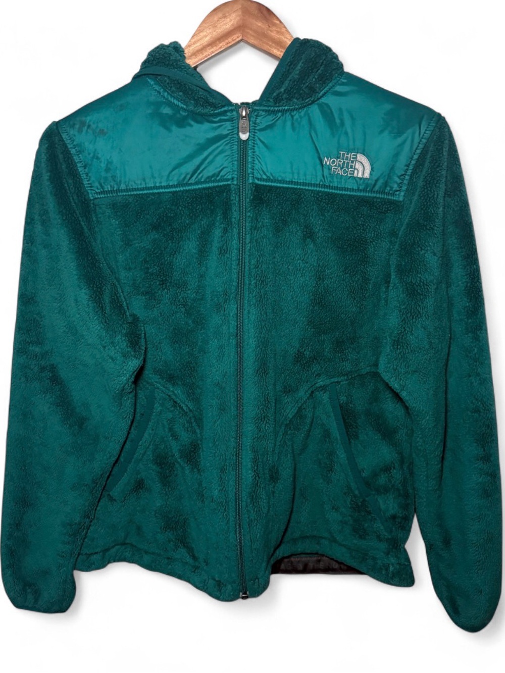 North Face Teal Plush Osito Fuzzy Fleece Jacket Full Zip Hooded Outdoor Women M